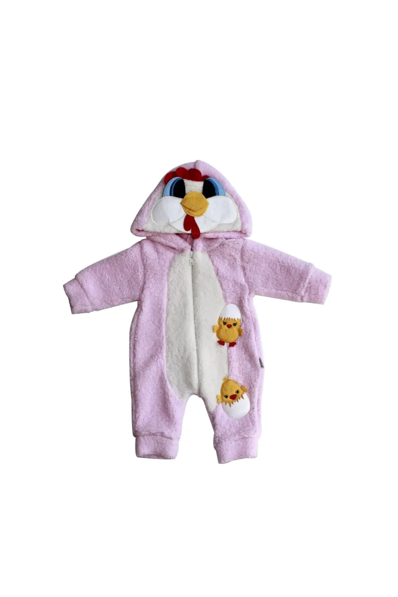 Pembe Civciv İşlemeli Polar Bebek Kostüm Tulum