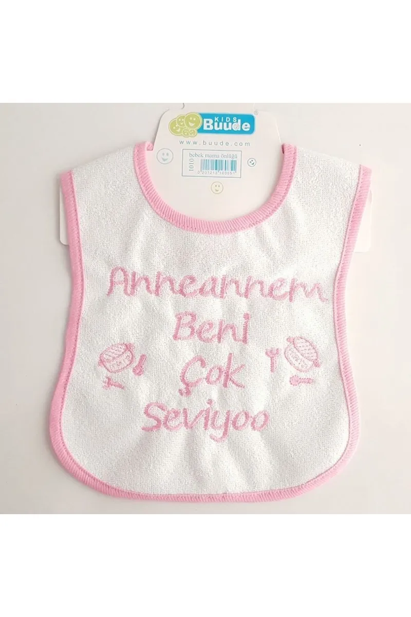 Pembe Anneannem Beni Çok Seviyor Yazılı Su Geçirmez Kız Bebek Önlüğü