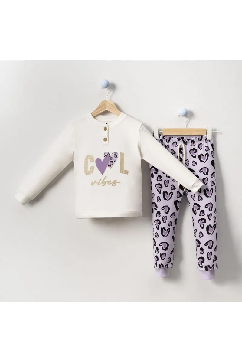 Kız Çocuk Ekru Mor Cool Kalp Baskılı 2'li Pijama Takımı