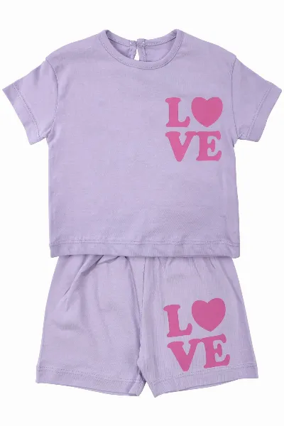 Kız Bebek Lila Pembe Love Baskılı Şortlu 2'li Takım