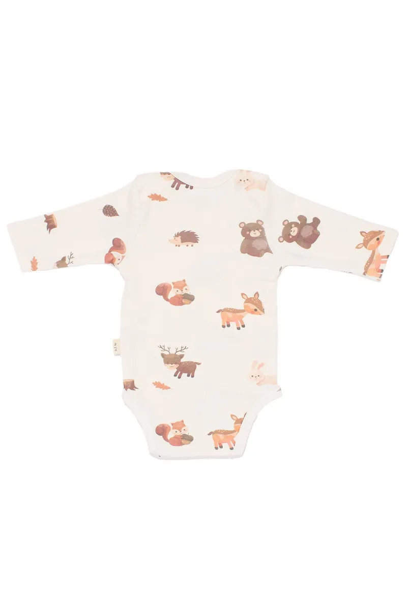 Unisex Ekru Kahve Ceylanlı Desenli Uzun Kol Body Zıbın