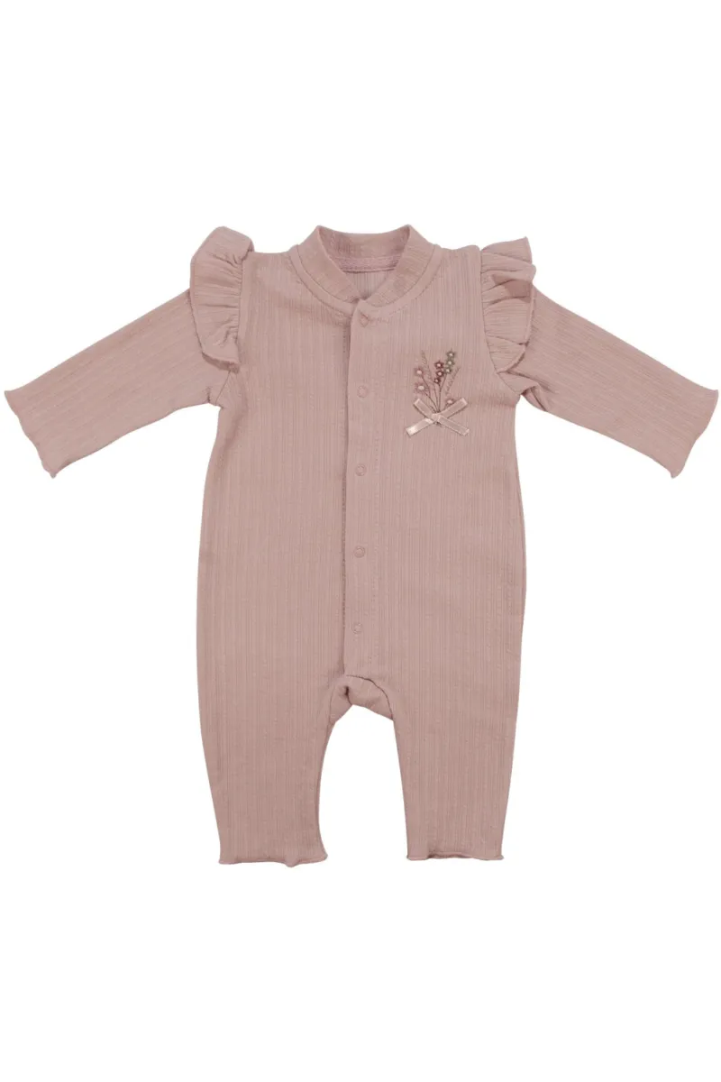 Kız Bebek Pudra Omuzları Fırfırlı Çiçek Nakışlı Çıtçıtlı Tulum