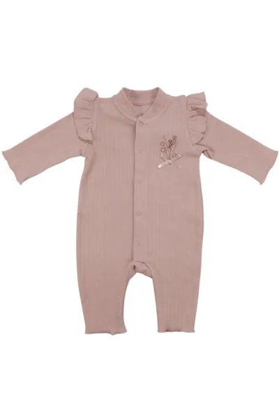 Kız Bebek Pudra Omuzları Fırfırlı Çiçek Nakışlı Çıtçıtlı Tulum