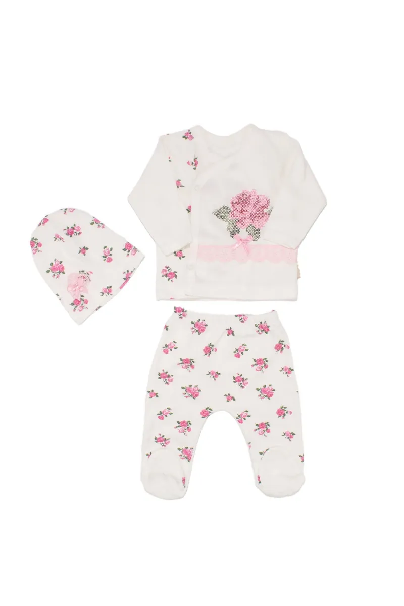 Kız Bebek Beyaz Güllü Kanaviçe Nakışlı 3'lü Pijama Takımı 0-3 Ay
