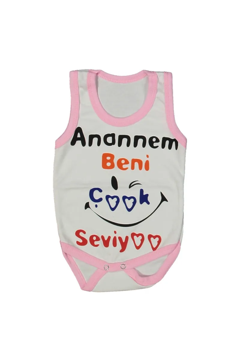 Kız Bebek Beyaz Pembe Biyeli Anaannem Beni Seviyor Yazılı Askılı Zıbın