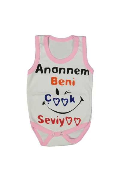 Kız Bebek Beyaz Pembe Biyeli Anaannem Beni Seviyor Yazılı Askılı Zıbın