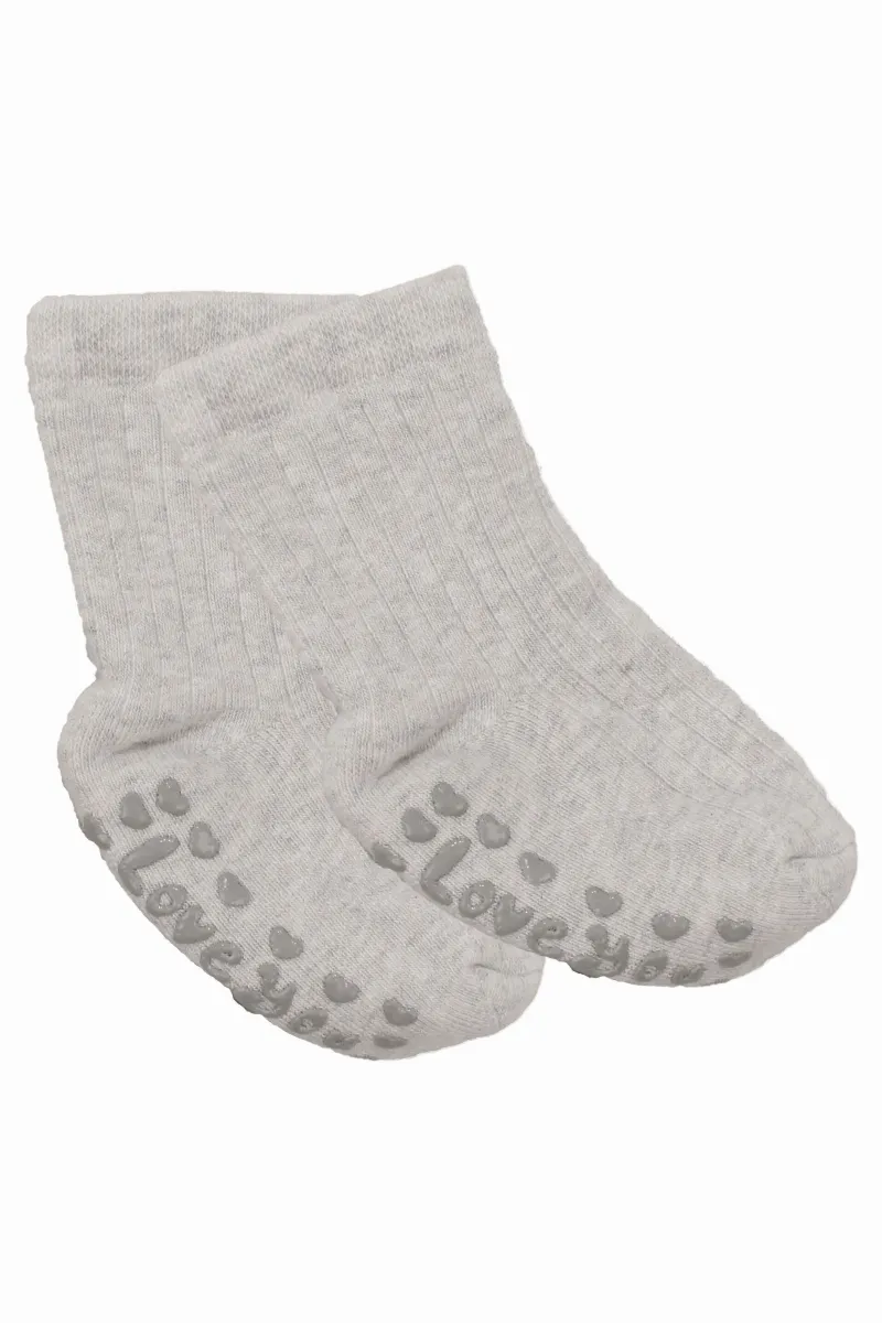 Unisex Gri Love Kaydırmaz Taban Polar Çorap
