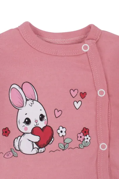 Kız Bebek Pembe Tavşan Baskılı Fırfırlı Patikli Pijama Takımı 0-3 Ay