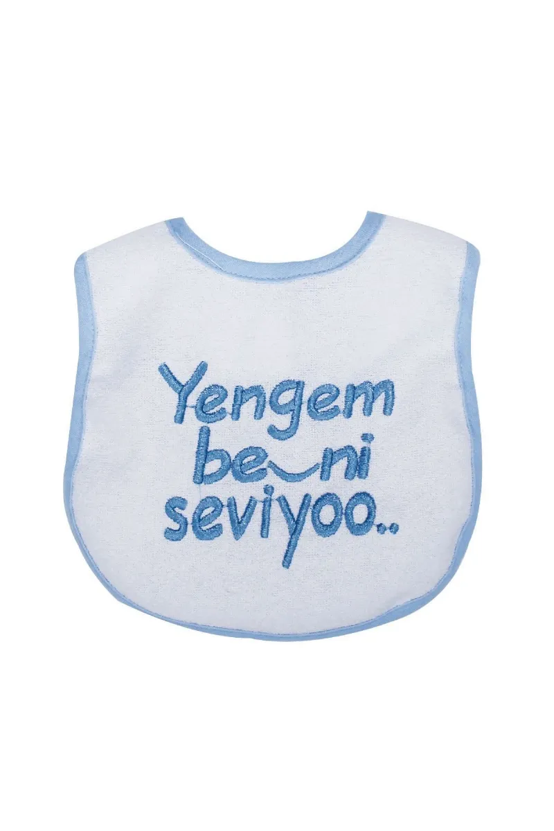 Erkek Bebek Yengem Beni Çok Seviyooo Nakışlı Mavi Su Geçirmez Önlük