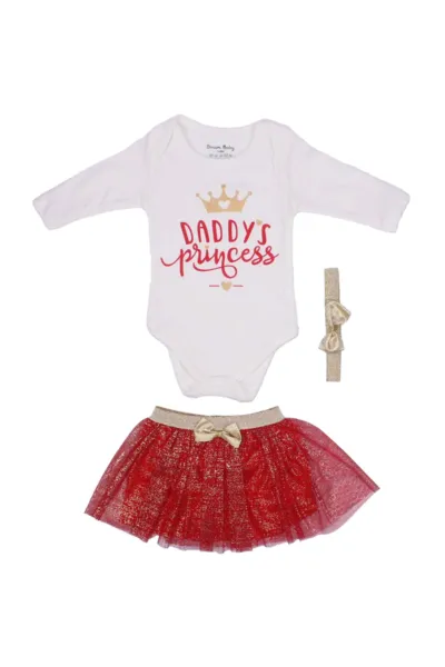 Kız Bebek Daddy's Princess Yazılı Simli Tüllü Kırmızı Etekli 3'lü Takım