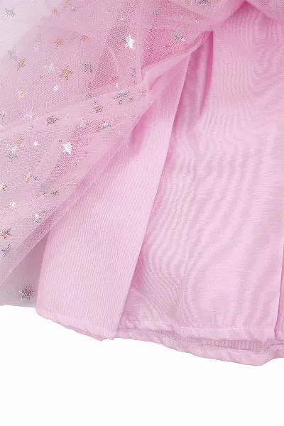 Kız Çocuk Pembe Gold Yıldız Desenli Tüllü Elbise