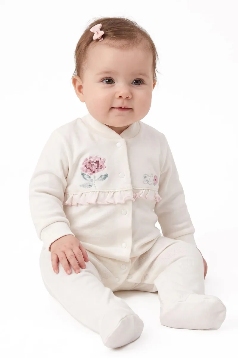 Kız Bebek Ekru Pembe Gül Nakışlı Kanaviçe Çıtçıtlı Patikli Tulum