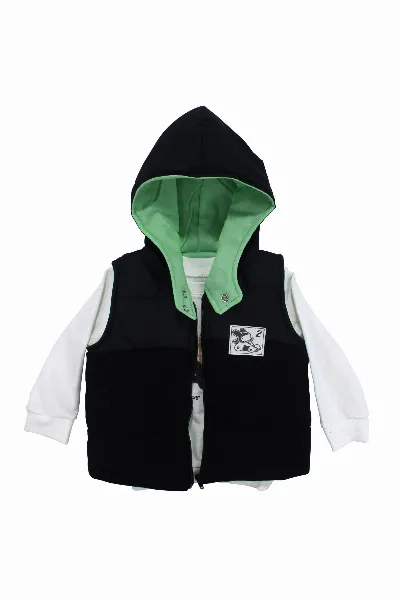 Erkek Bebek Siyah Yeşil Şapkalı Şişme Yelekli Badili 3'lü Takım