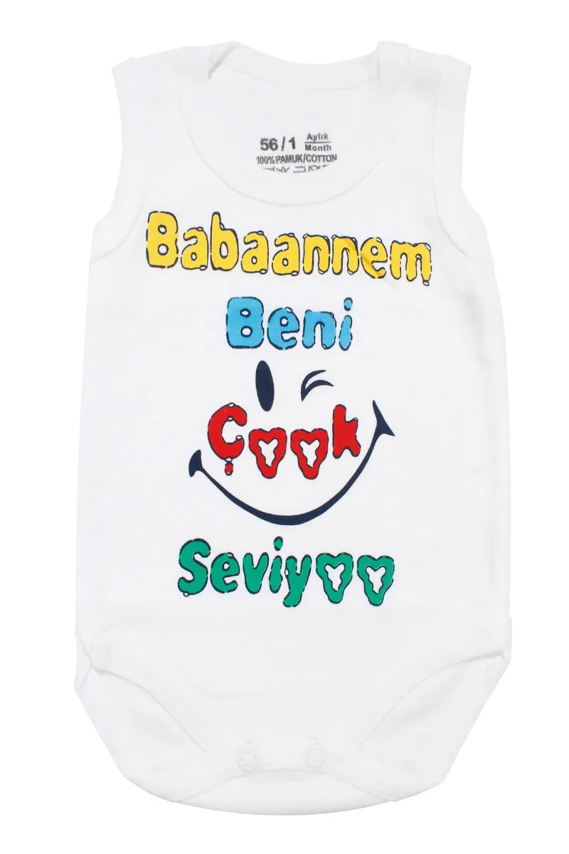 Unisex Beyaz Babaannem Beni Çok Seviyor Yazılı Askılı Zıbın