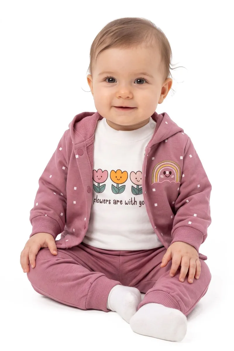 Kız Bebek Beyaz Mürdüm Lale Gökkuşağı Desenli Hırkalı 3'lü Takım