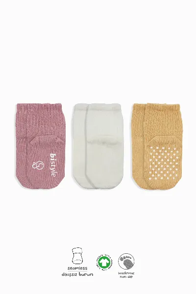 Bistyle Basic Kaymaz Penye Soket Çorap 3'Lü BS10106 Pudra Ekru Somon