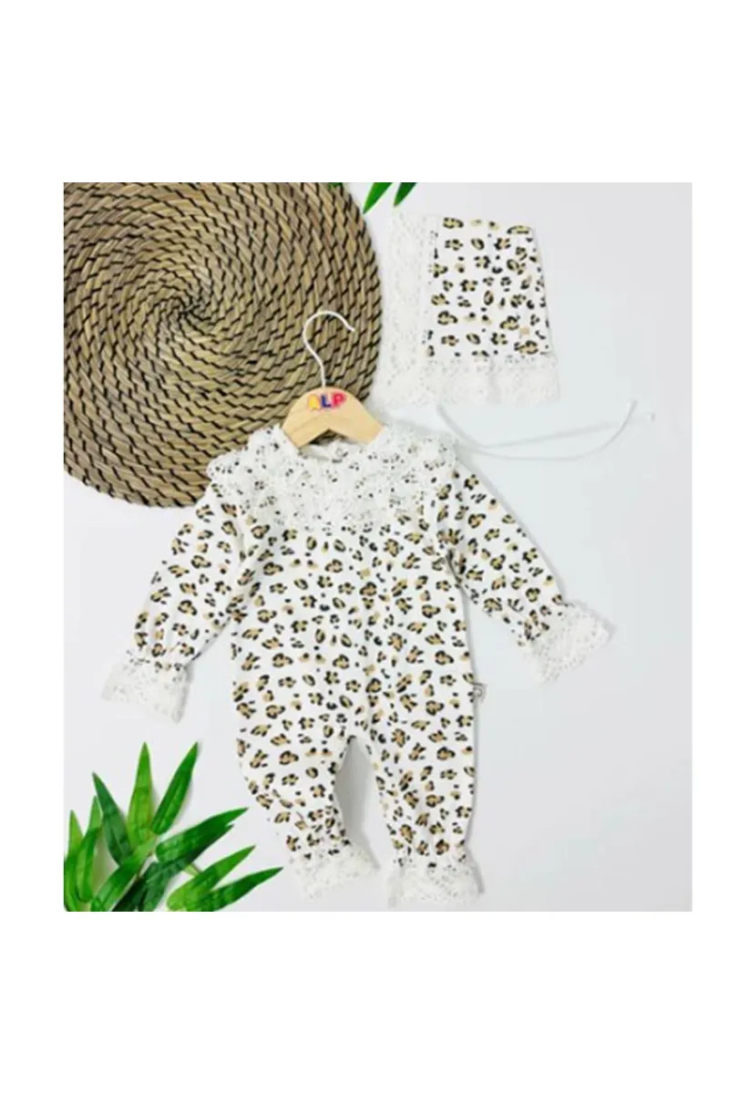 Kız Bebek Beyaz Kahve Leopar Desenli Bereli Fistolu Tulum