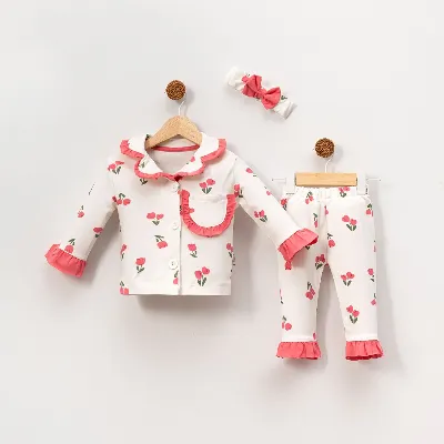 Kadın Anne Ekru Pembe Lale Desenli Fırfırlı Bandanalı Pijama Takımı