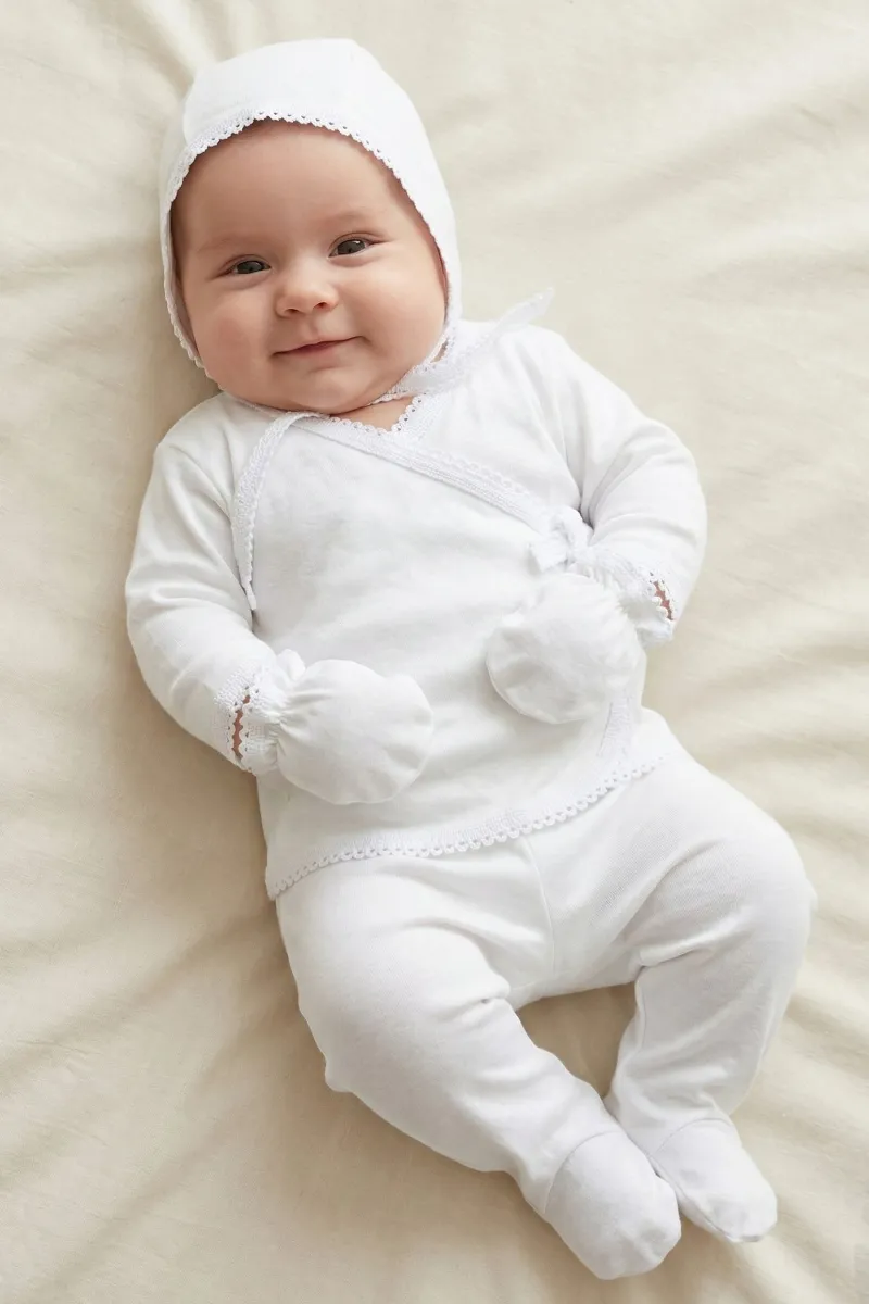 Unisex Ekru Beyaz Biyeli İç Zıbın Hastane Çıkış Seti