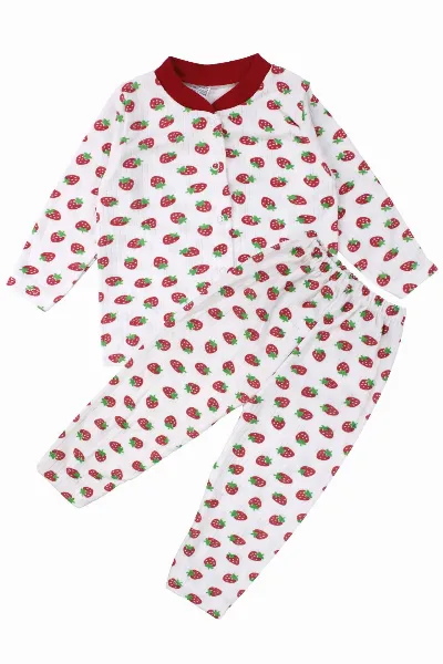 Kız Çocuk Ekru Kırmızı Çilek Baskılı Çıtçıtlı Pijama Takımı