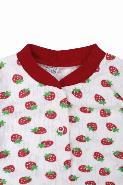 Kız Çocuk Ekru Kırmızı Çilek Baskılı Çıtçıtlı Pijama Takımı