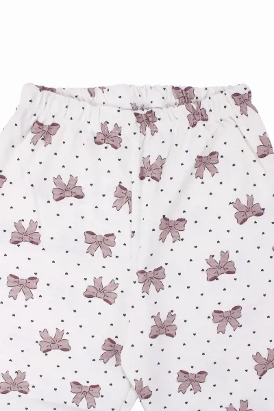 Kız Çocuk Ekru Gül Kurusu Fiyonk Baskılı Çıtçıtlı Pijama