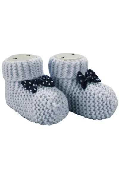 Unisex Mavi Lacivert Puanlı Fiyonklu Triko Patik 0-6 Ay