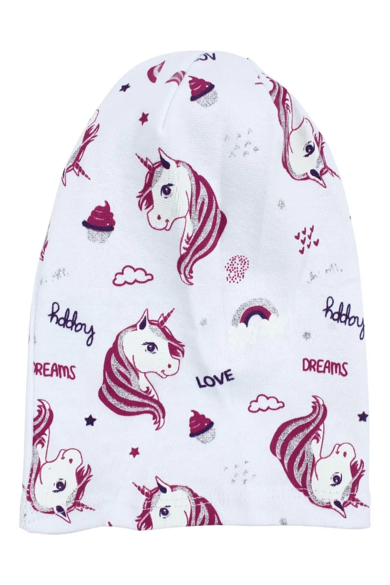 Kız Bebek Beyaz Gri Simli Pembe Unicorn Desenli Bere 0-6 Ay