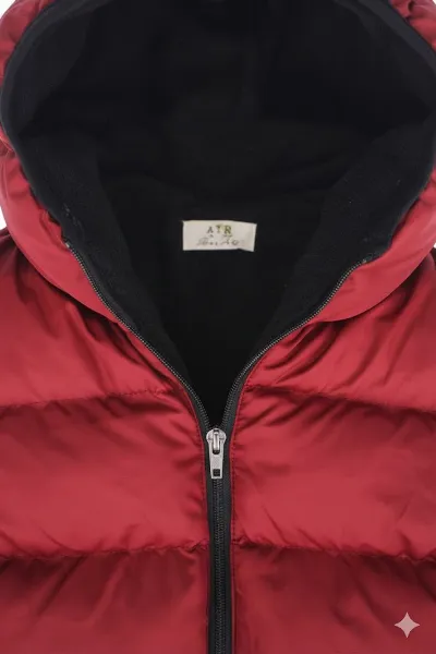 Bordo Kapşonlu Şişme Mont