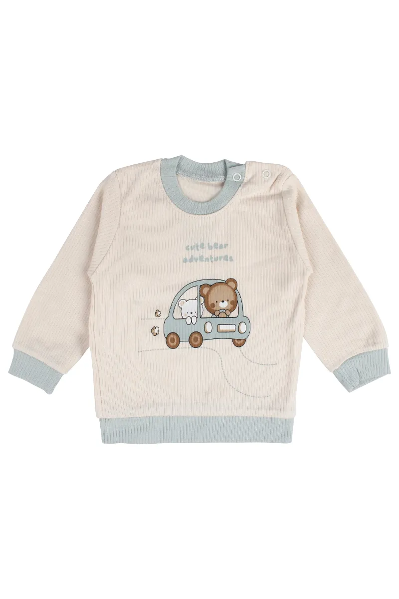 Erkek Bebek Ekru Yeşil Ayıcık Baskılı Pijama Takımı