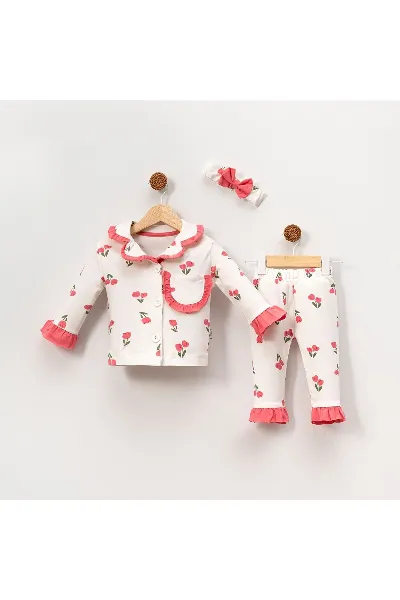 Kız Çocuk Ekru Pembe Lale Desenli Fırfırlı Bandanalı Pijama Takımı