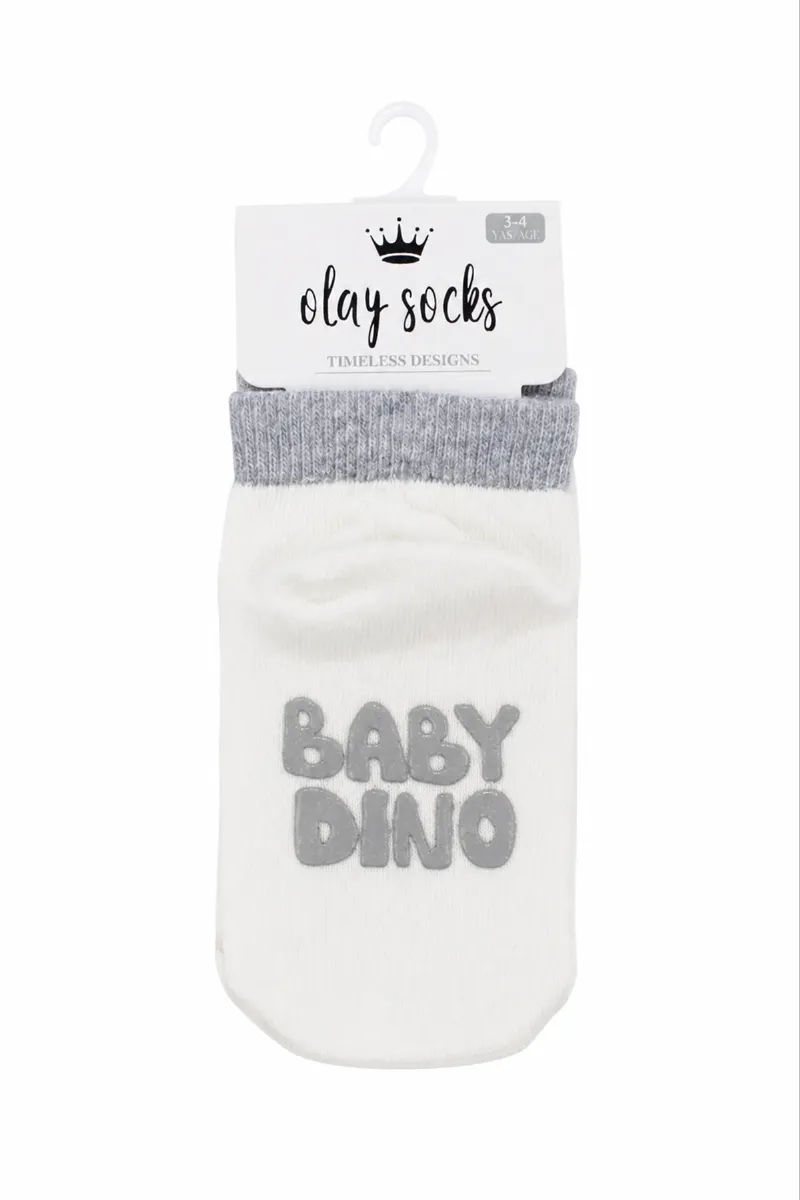 Unisex Ekru Gri Baby Dino Yazılı Kaydırmaz Çorap