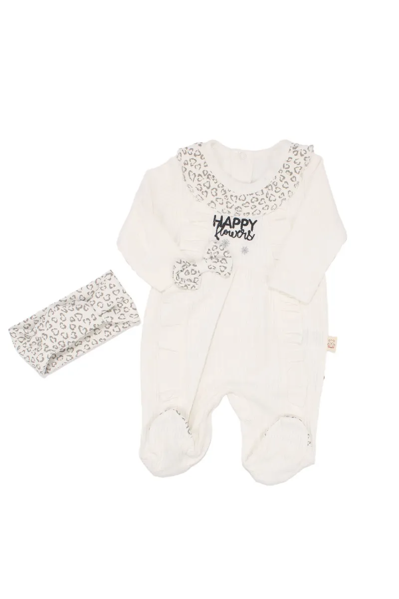 Kız Bebek Ekru Kalp Desenli Happy Yazılı Fiyonklu Bandanalı Tulum