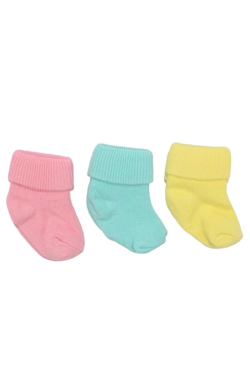 Unisex Pembe Turkuaz Sarı Kıvrık 3'lü Çorap 0-6 Ay