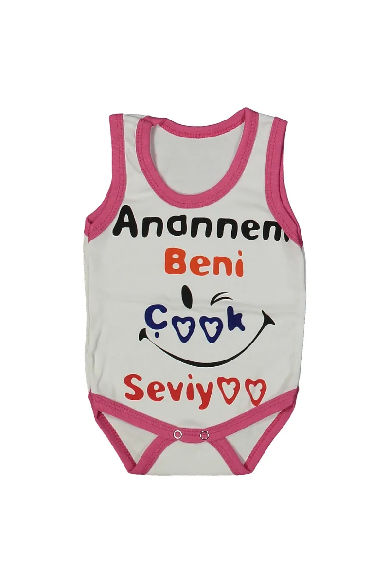 Kız Bebek Beyaz Fuşya Biyeli Anaannem Beni Seviyor Yazılı Askılı Zıbın