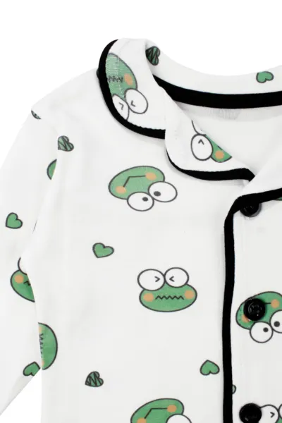Unisex Ekru Yeşil Kurbağa Desenli Kruvaze Yaka Pijama Takımı