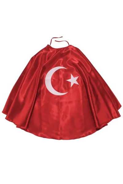Unisex Kırmızı Saten Ay Yıldız Baskılı El Geçirmeli 23 Nisan Pelerin