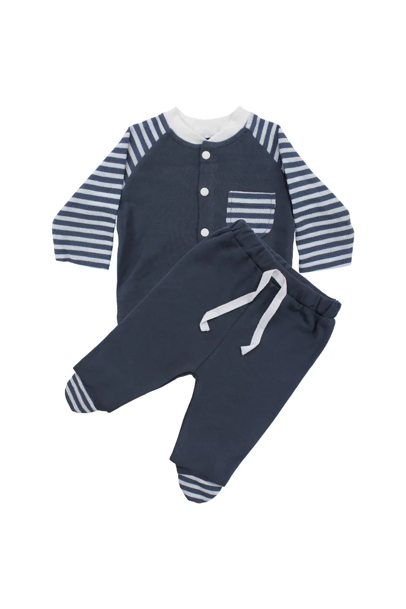 Unisex Lacivert Ekru Çizgili Cepli 2'li Takım