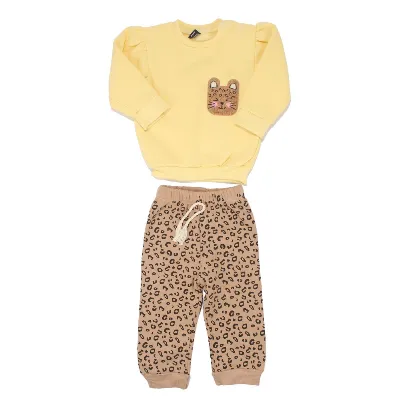 Kız Bebek Sarı Kahve Kedi Nakışlı Leopar Desenli 3 İp 2'li Takım