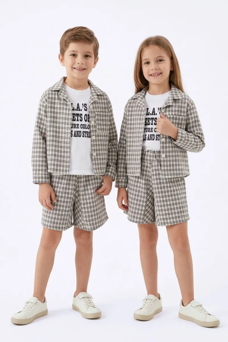 Unisex Ekru Siyah Ekoseli Gömlekli Şortlu 3'lü Takım