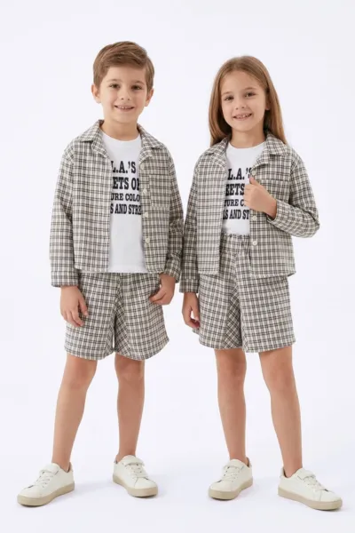 Unisex Ekru Siyah Ekoseli Gömlekli Şortlu 3'lü Takım