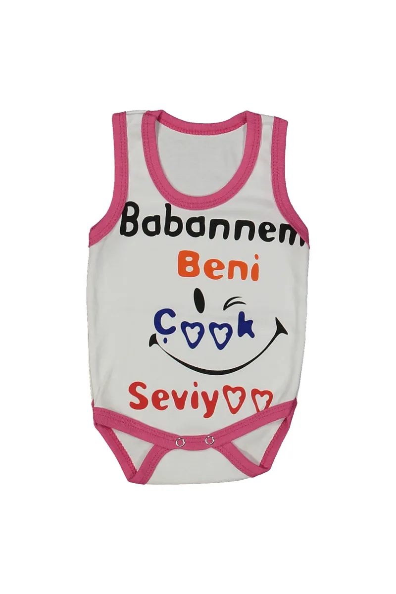 Kız Bebek Beyaz Fuşya Biyeli Babaannem Beni Seviyor Yazılı Askılı Zıbın
