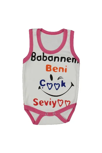 Kız Bebek Beyaz Fuşya Biyeli Babaannem Beni Seviyor Yazılı Askılı Zıbın