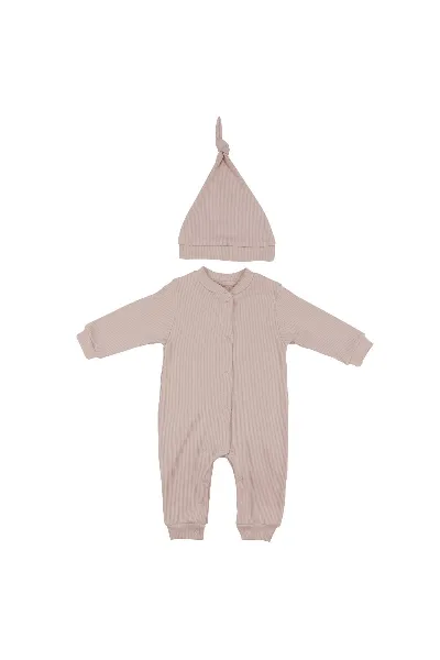 Unisex Bej Fitilli Düğümlü Bereli Çıtçıtlı Tulum