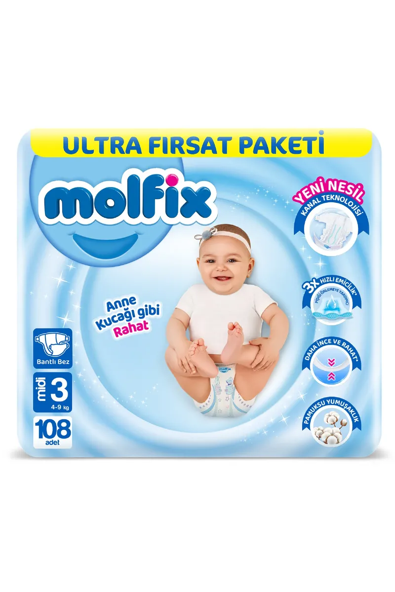 Molfix Bebek Bezi Ultra Fırsat Paketi 3 Beden 4-9 Kg 108 Adet