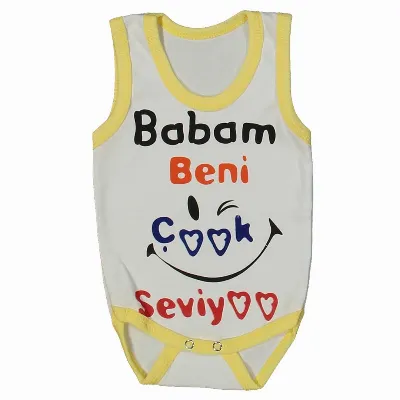 Unısex Beyaz Sarı Biyeli Babam Beni Seviyor Yazılı Askılı Zıbın