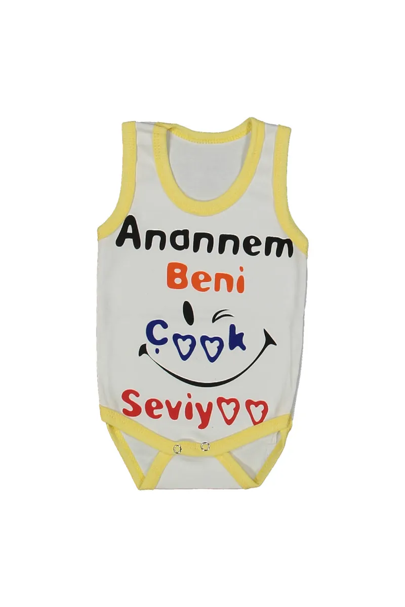 Unısex Beyaz Sarı Biyeli Anaannem Beni Seviyor Yazılı Askılı Zıbın