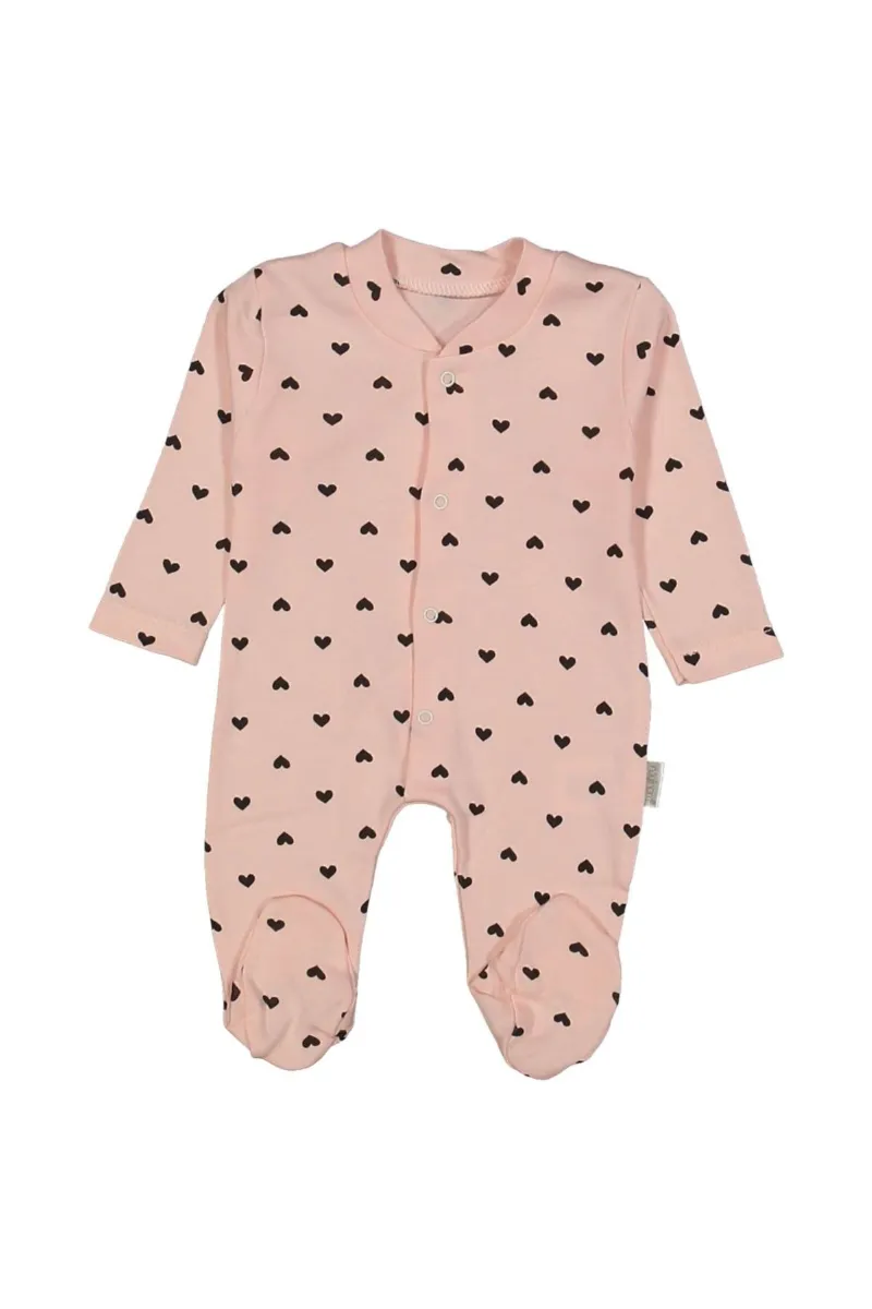 Kız Bebek Somon Siyah Kalpli Çıtçıtlı Patikli Tulum