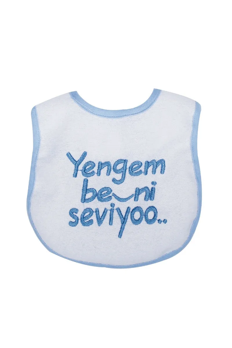 Erkek Bebek Yengem Beni Çok Seviyooo Nakışlı Mavi Su Geçirmez Önlük