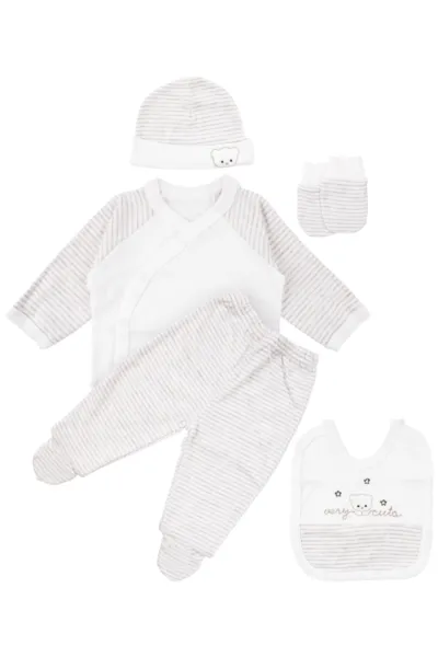 Unisex Ekru Very Cute Nakışlı 5 Parça Organik Hastane Çıkış Seti